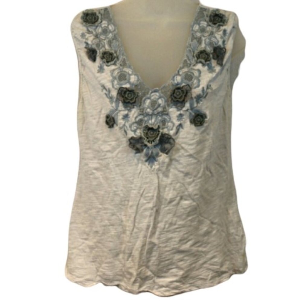 C. Keer Anthropologie Light Blue Applique Flower Collar Tank LG